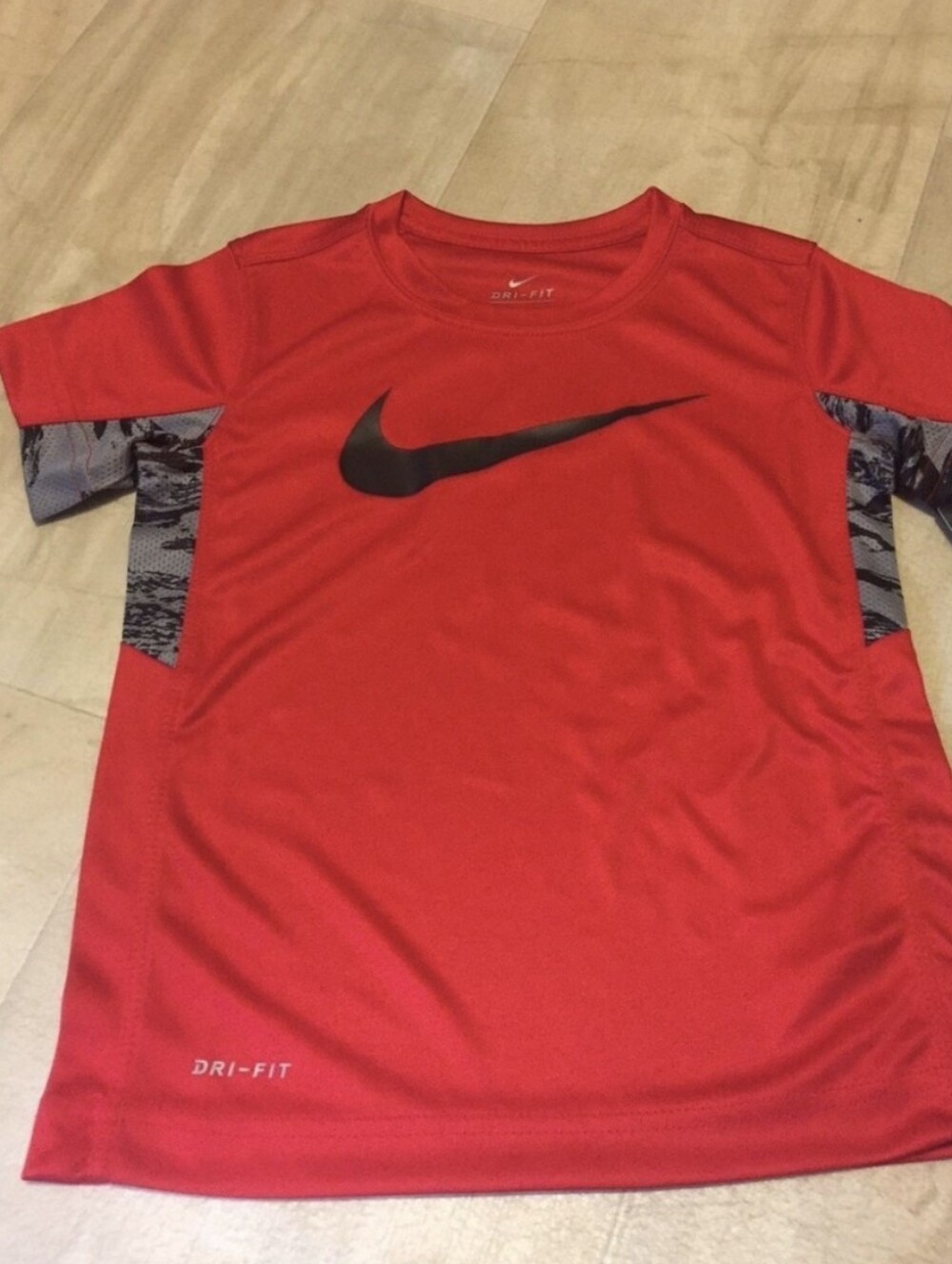 Nike Red Boys' Athletic Tee with Black Swoosh and Gray Panels